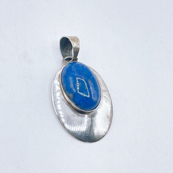 Sterling Silver Oval Pendant With Lapis Lazuli Gemstone Center - Picture 1 of 6